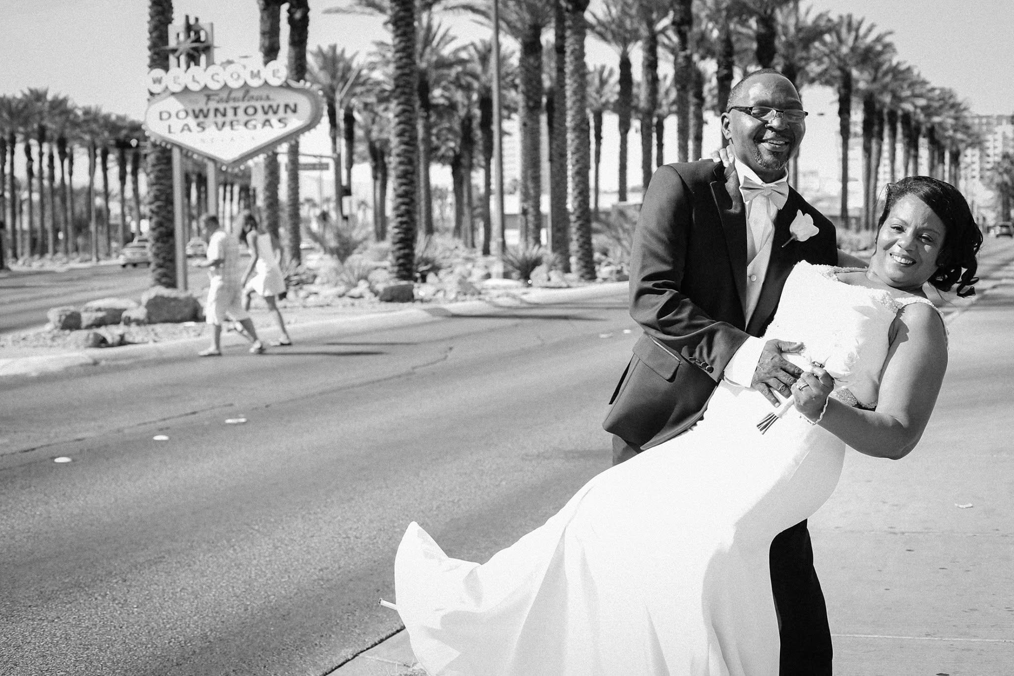 Black-and-white wedding photograph of James and Shawn in Las Vegas