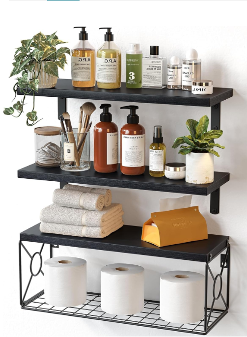 AMADA Black Bathroom Shelves with Storage Basket