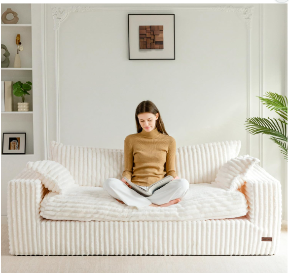 Beige Foam-Filled 3-Seater Boneless Sofa
